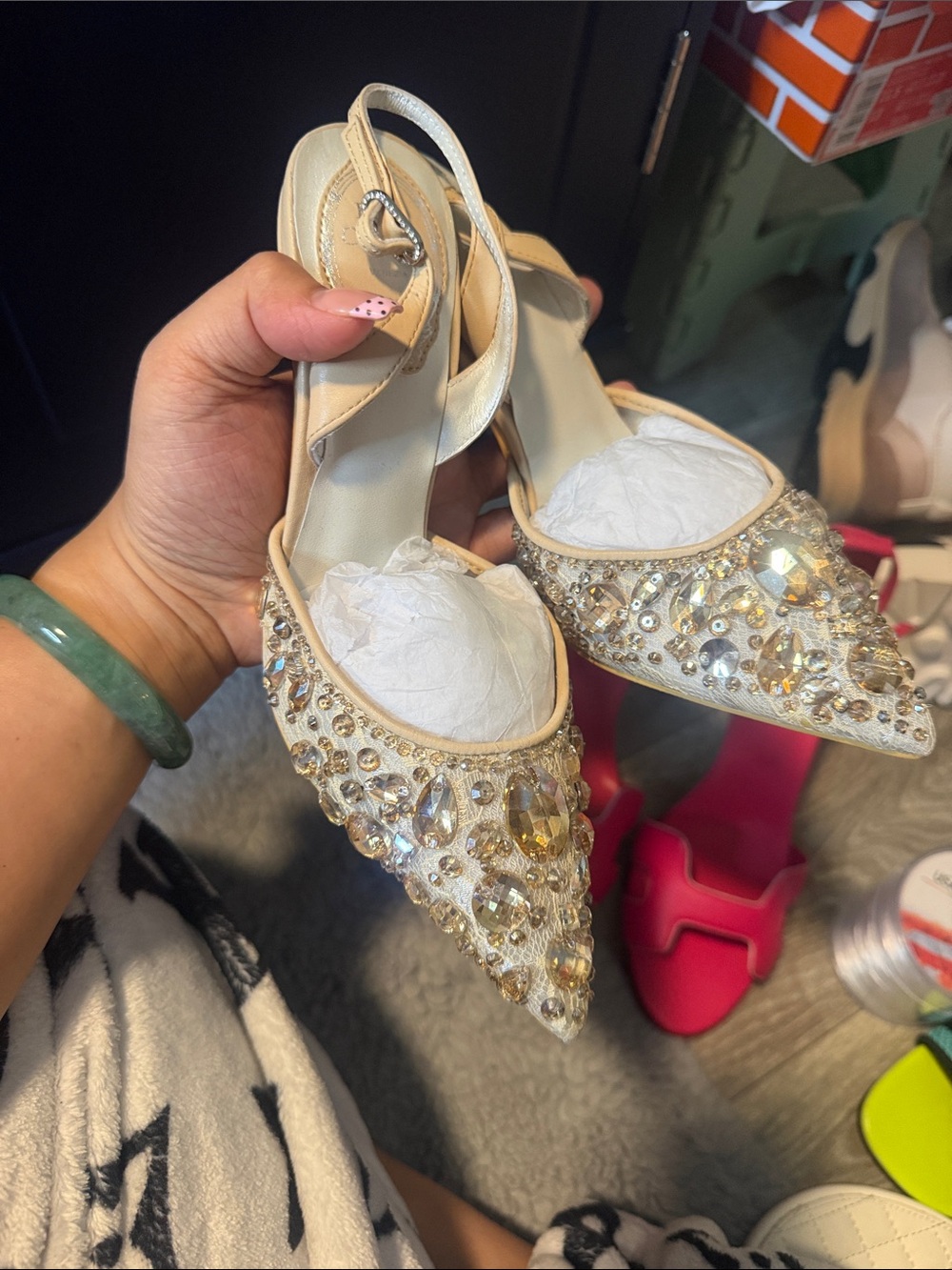 Rene Caovilla Ivory Crystal-Embellished Pointed Slingbacks